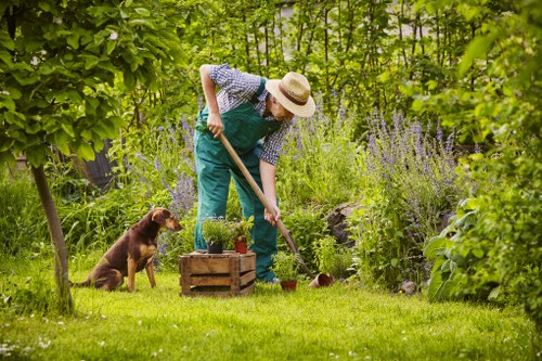 Landscape gardening with structured planting and patio design in Kingsbury